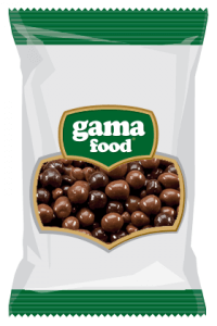 Chocolate-coated nuts, choco-crispy and caramel bars in a package from gama Food manufacturer