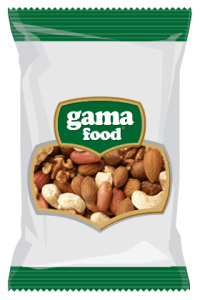 Raw nuts, roasted nuts and dried fruits in a package from Gama Food